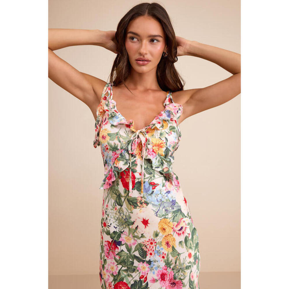 Lulus Clelia Ivory Multi Floral Satin Ruffled Tie-strap Midi Dress White - Picture 2 of 5